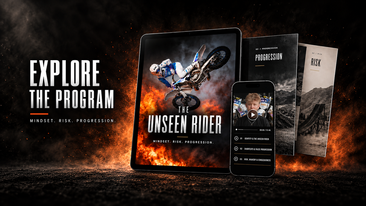 Digital promotional graphic for a program called 'The Unseen Rider' showing a tablet and smartphone displaying content, with three booklets fanned out behind them. Large text on the left reads 'EXPLORE THE PROGRAM' with the subtitle 'MINDSET.