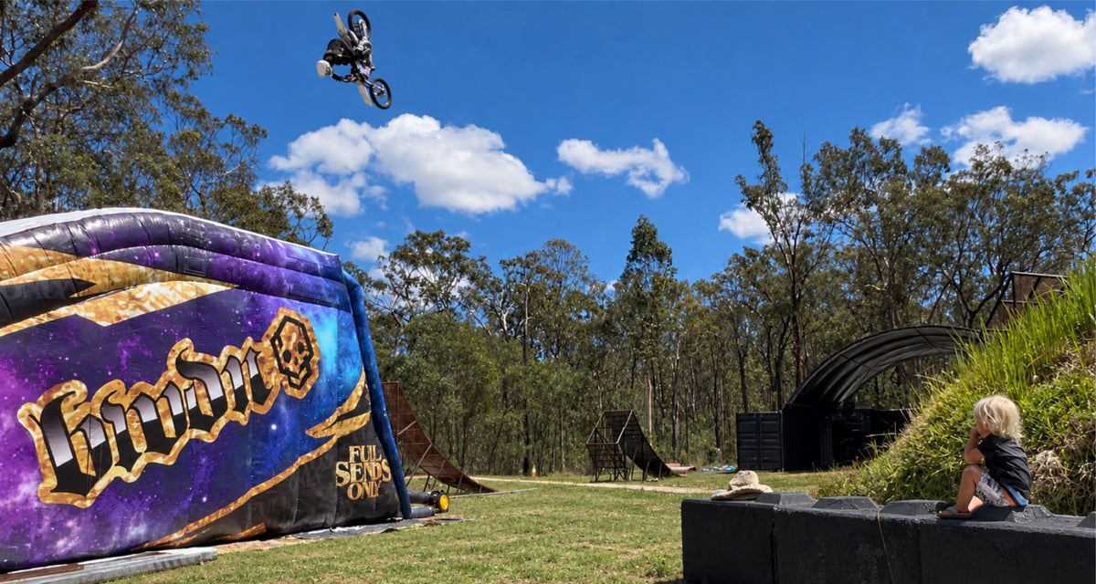 FMX rider training over the airbag at the Limitless FMX Academy compound